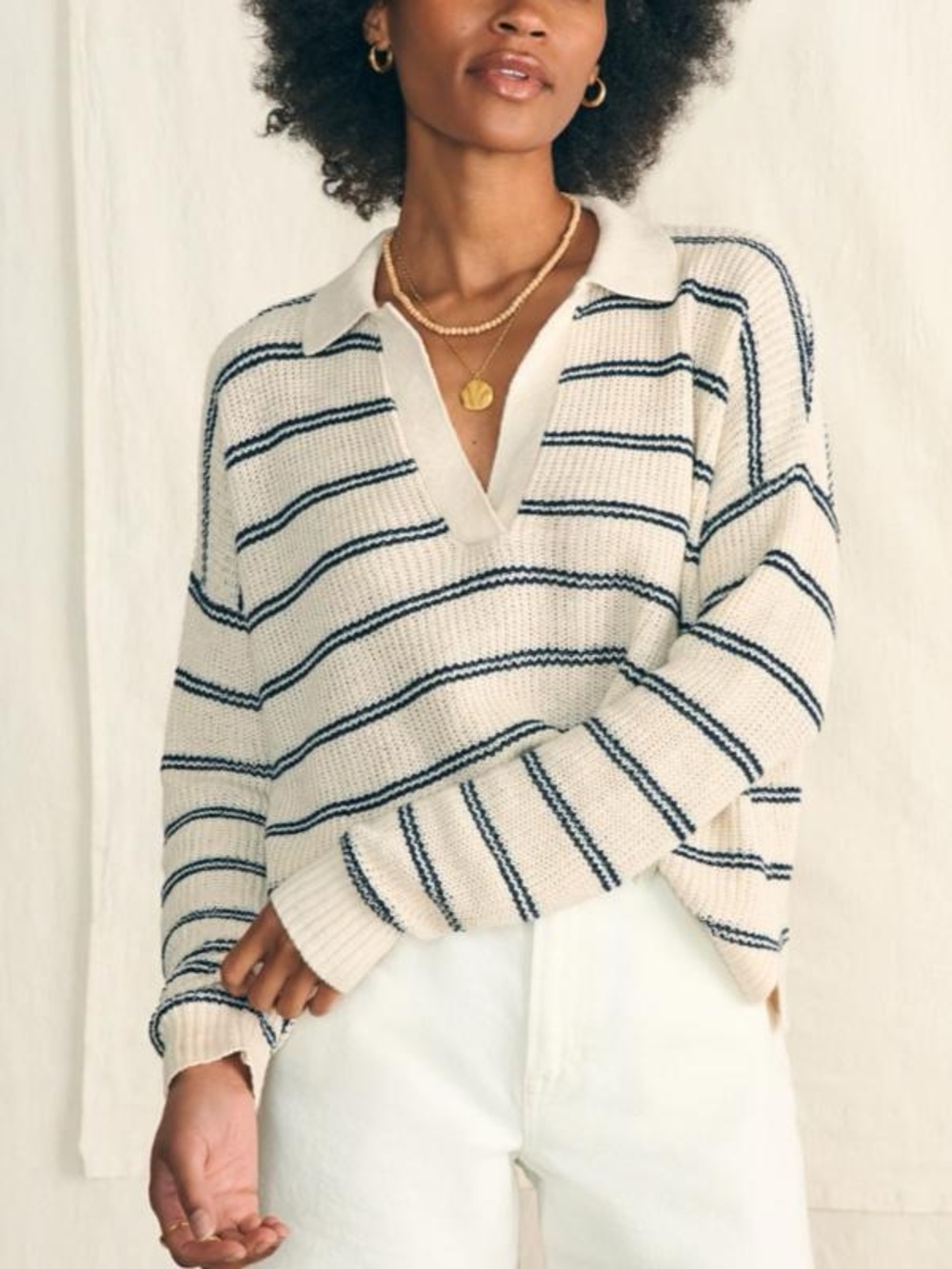 Faherty Miramar Linen Cotton Blend Striped Classic Polo Sweater Size Medium